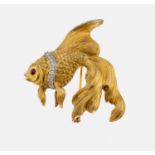 18 kt Gold Brillant-Rubin-Brosche, GG 750/000,