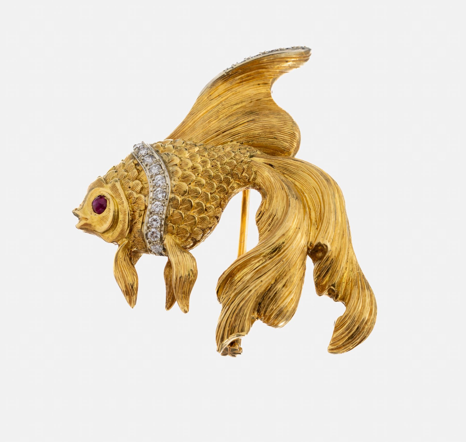 18 kt Gold Brillant-Rubin-Brosche, GG 750/000,