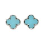 VAN CLEEF & ARPELS VINTAGE ‘ALHAMBRA’ 18K WHITE GOLD TURQUOISE STUD EARRINGS