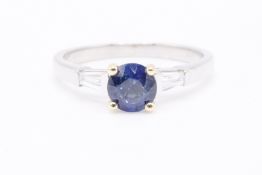 Natural 0.25ct Diamond and 0.94ct Sapphire Ring F Colour VS2 Clarity - Platinum and 18kt Yellow Gold