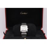 Cartier Tank Française Quartz Watch – Stainless Steel, Date Display, Blued Hands, Cabochon Crown