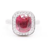 Natural Diamond and No Heat Ruby Ring F Colour VS Clarity Cushion and Round Brilliant - Platinum