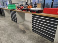 6m x 0.96m Custom Built Workbench On (3) Bott 1.05m Seven Draw Tool Cabinets with Heuer 7in & Kenned