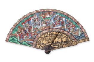 A CANTON PAINTED AND LACQUERED FAN WITH BOX