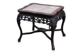 A MARBLE INSET HARDWOOD TABLE