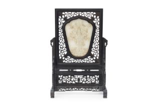 A JADE INSET HARDWOOD TABLE SCREEN