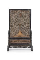 A CARVED BONE AND HARDWOOD DRAGON TABLE SCREEN