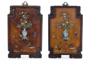 A PAIR OF PRECIOUS OBJECT INLAID LACQUERED PANELS