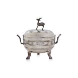 A SILVER FOOD WARMING VESSEL WITH INSERT AND COVER, DING