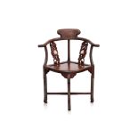 A CHINESE MARBLE INSET HARDWOOD CORNER CHAIR