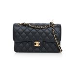 CHANEL SMALL CLASSIC DOUBLE FLAP BAG IN BLACK QUILTED CAVIAR LEATHER