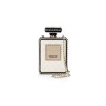 CHANEL RUNWAY PERFUME BOTTLE MINAUDIÈRE IN WHITE QUILTED LEATHER AND BLACK LUCITE, 2022