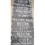 Two original Nottingham Bus destination blinds, linen fabric, Nottingham City, St. Anns, Goose Fair,