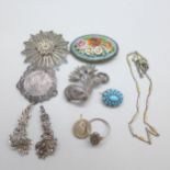 A collection of jewellery including a watch chain, a turquoise brooch, a micro mosaic brooch a/f,