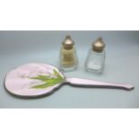 A silver hand mirror with floral guilloche enamel decoration, a/f, 220g, and a glass salt and pepper