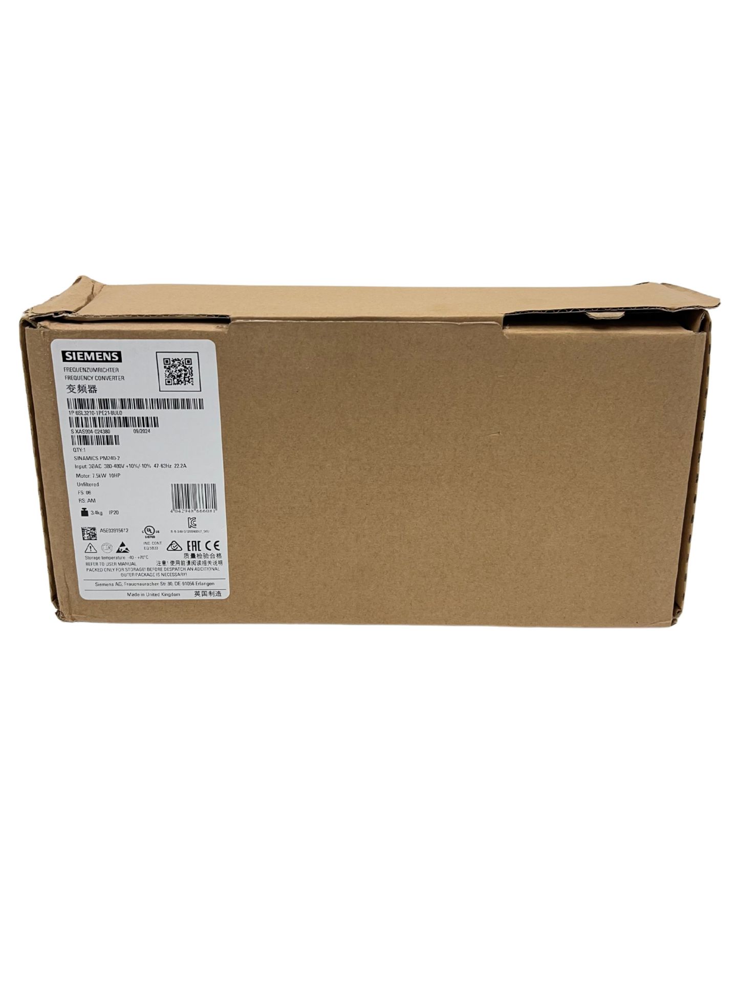 As new Siemens SINAMICS PM240‑2 Power Module (P/N: 6SL3210‑1PE21‑8UL0 EAN: 4042948666081).