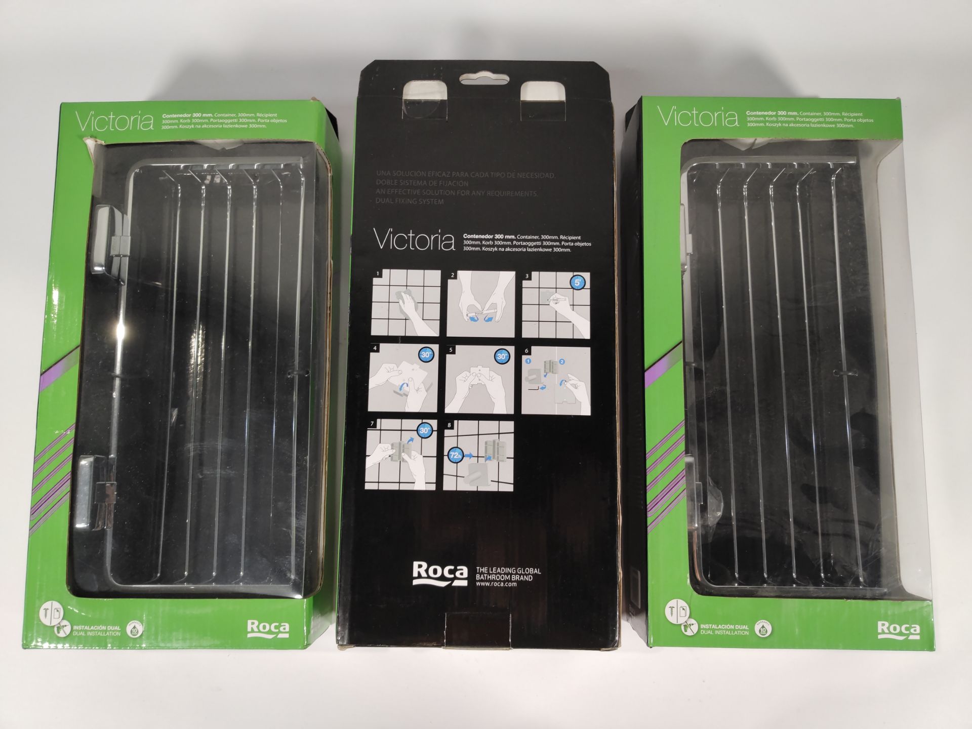 Three as new Roca Victoria Wire Storage Baskets, 300mm (A816688001).