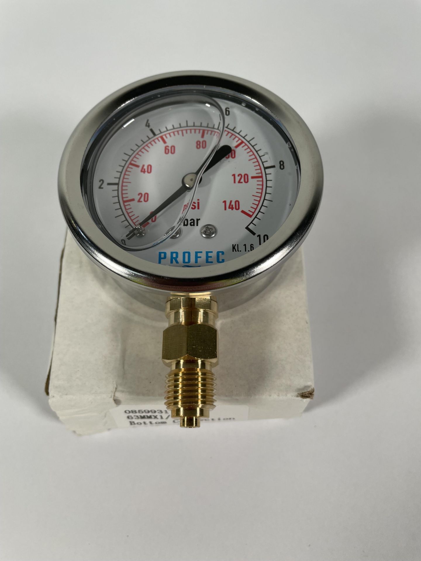 Ten as new Pressure Gauge 0859931, bottom connection 63MMX 1/4" BSP 0-10Bar/Psi.
