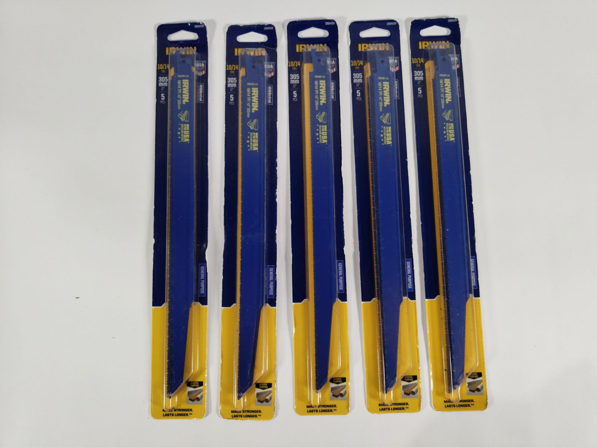 Five packs of as new Irwin Bi-Metal Reciprocating Saw Blades, 10/14tpi, 305mm, (10504159). *5 Blades