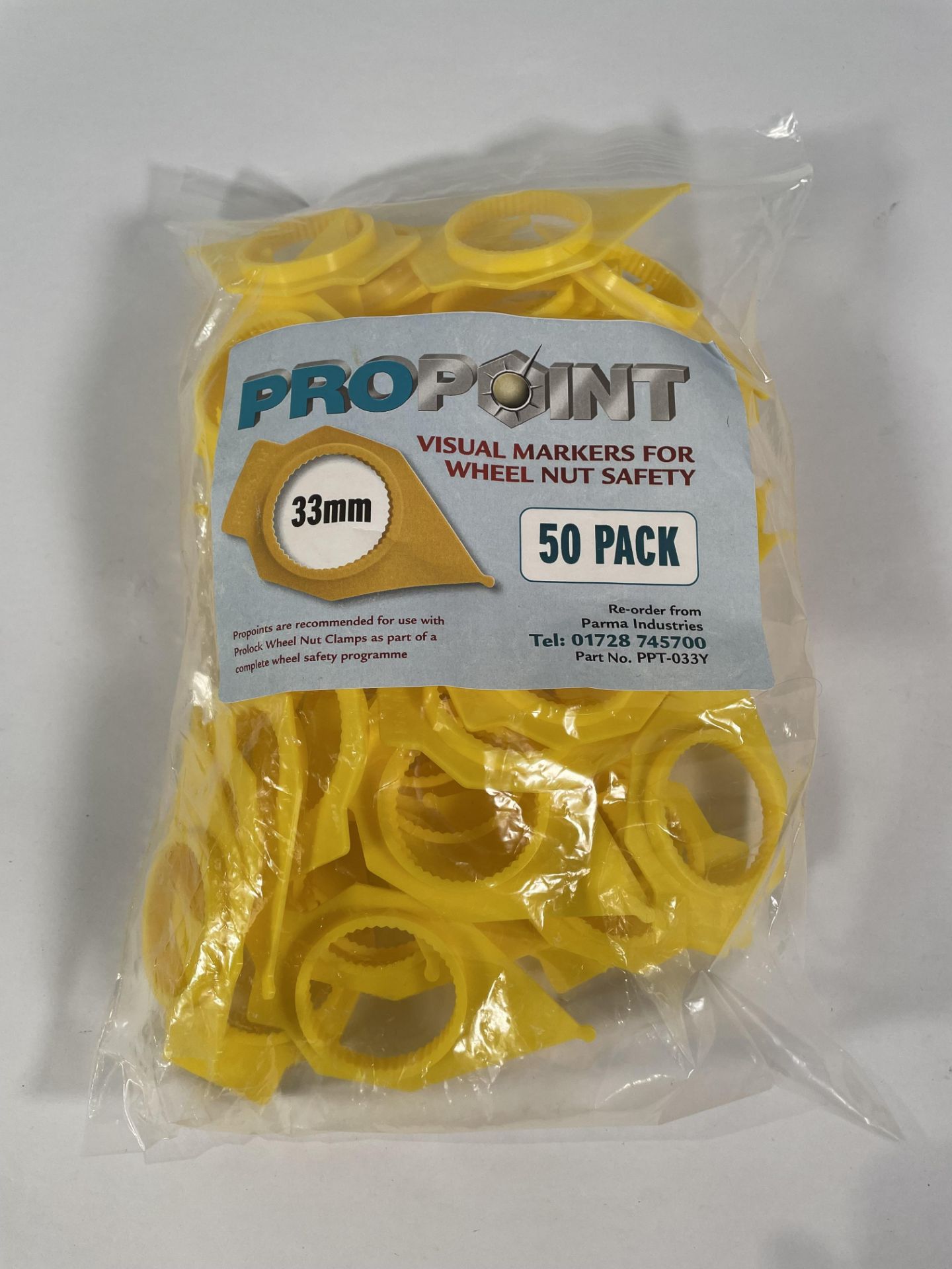 Fifty packs of 50 ProPoint 33mm visual markers for wheel nut safety, yellow.