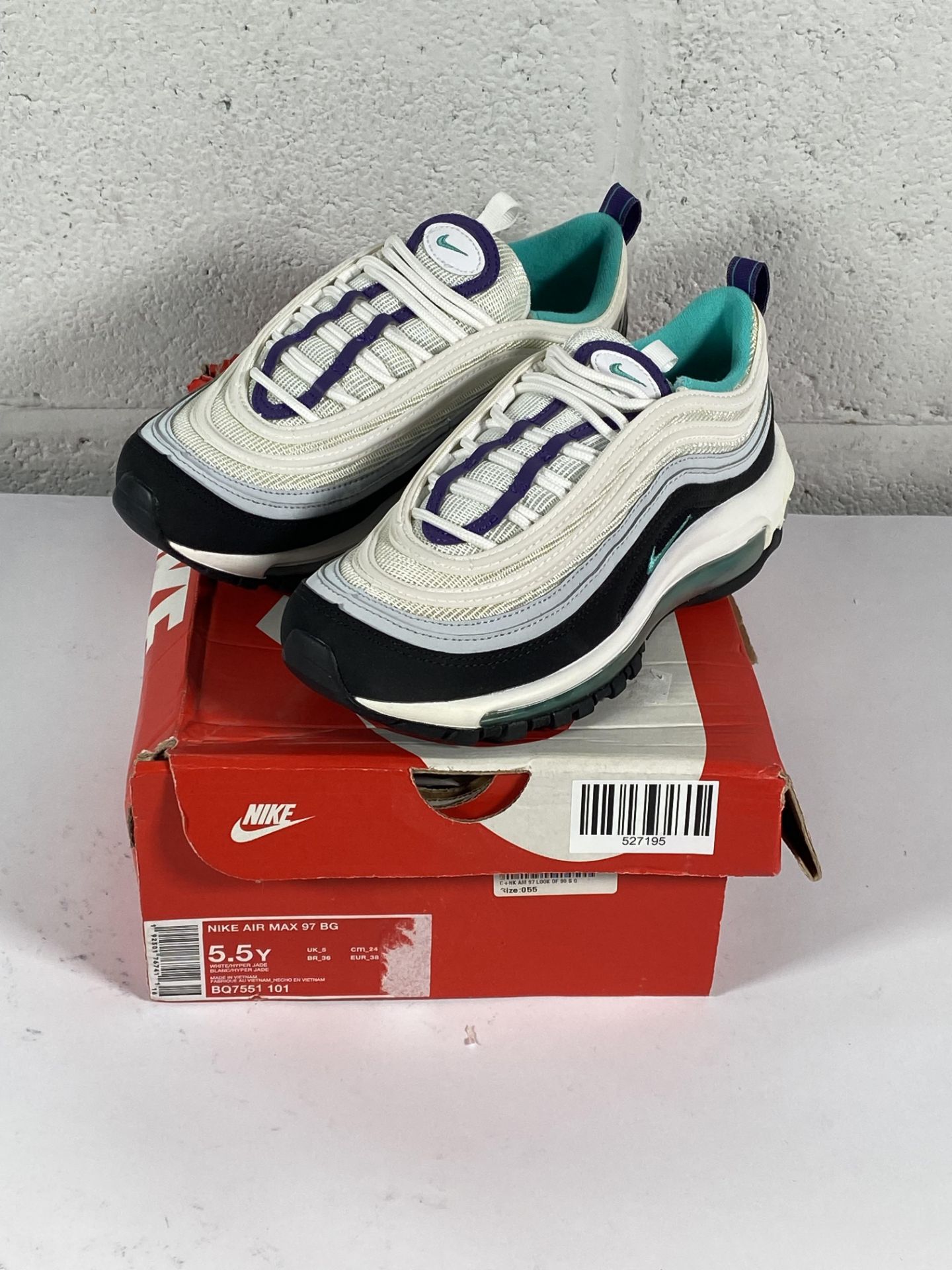 A pair of Nike Air Max 97 in White and Hyper Jade (UK 5).