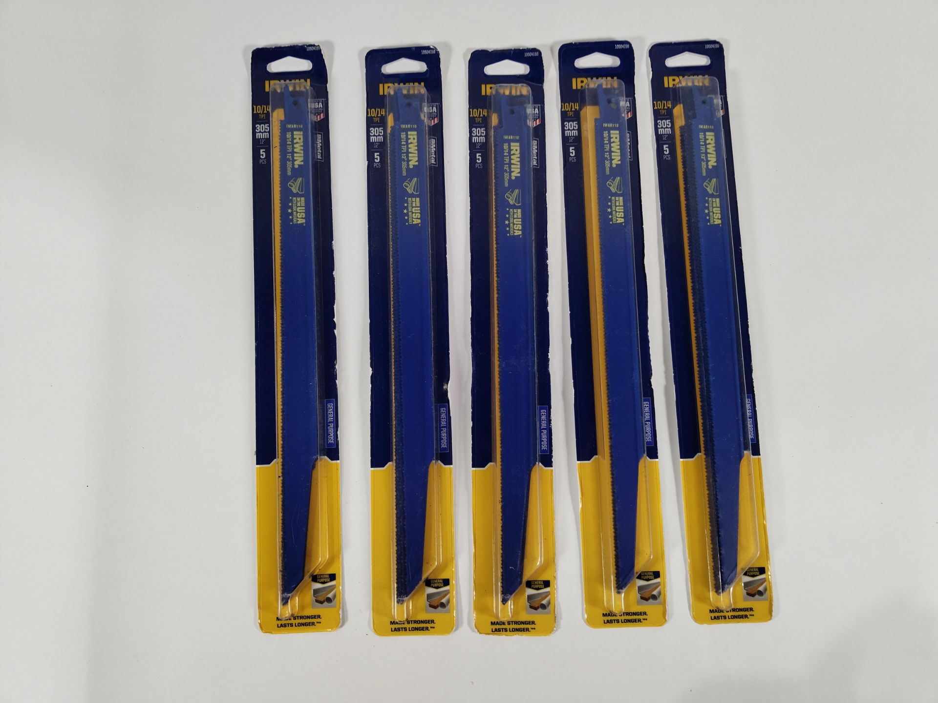 Five packs of as new Irwin Bi-Metal Reciprocating Saw Blades, 10/14tpi, 305mm, (10504159). *5 Blades