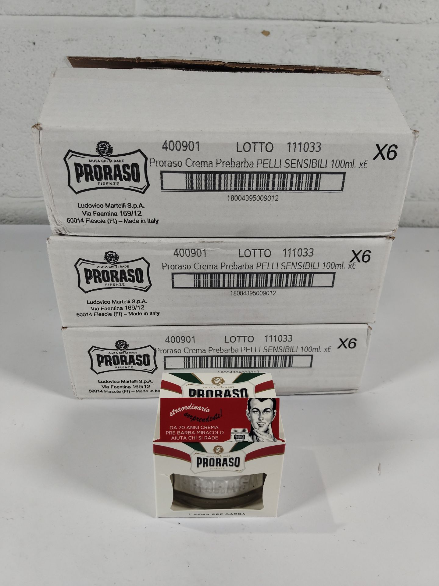 Three as new boxes of Proraso Crema Pre Barba pre-shave cream, 100ml per tub (6 tubs per box, EXP: 1