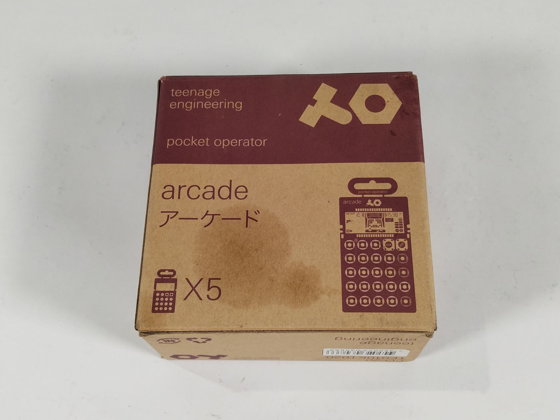 Five as new Teenage Engineering Pocket Operator Arcade PO-20 Synthesizers (Box open).