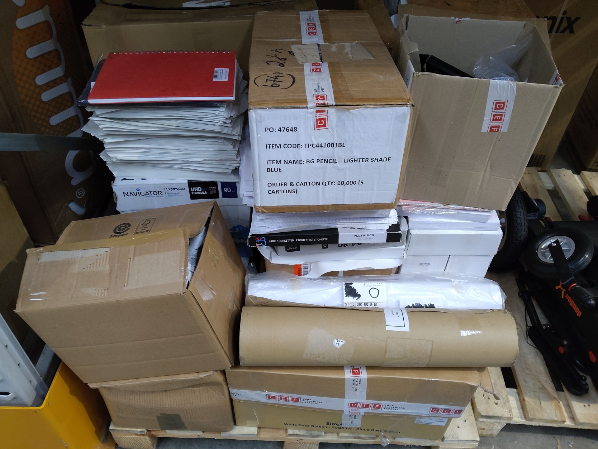 A pallet of stationary and related items, including printer paper, envelopes. tills and more.