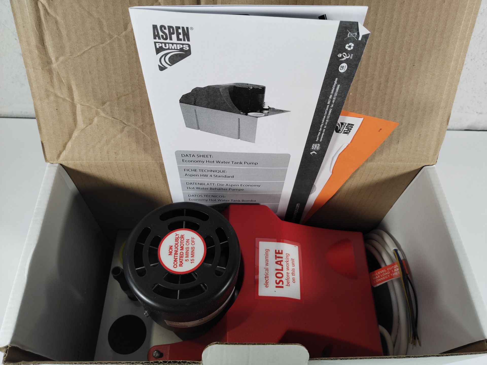 An Aspen hot water economy tank pump, box open (FP2092/2). - Image 2 of 3