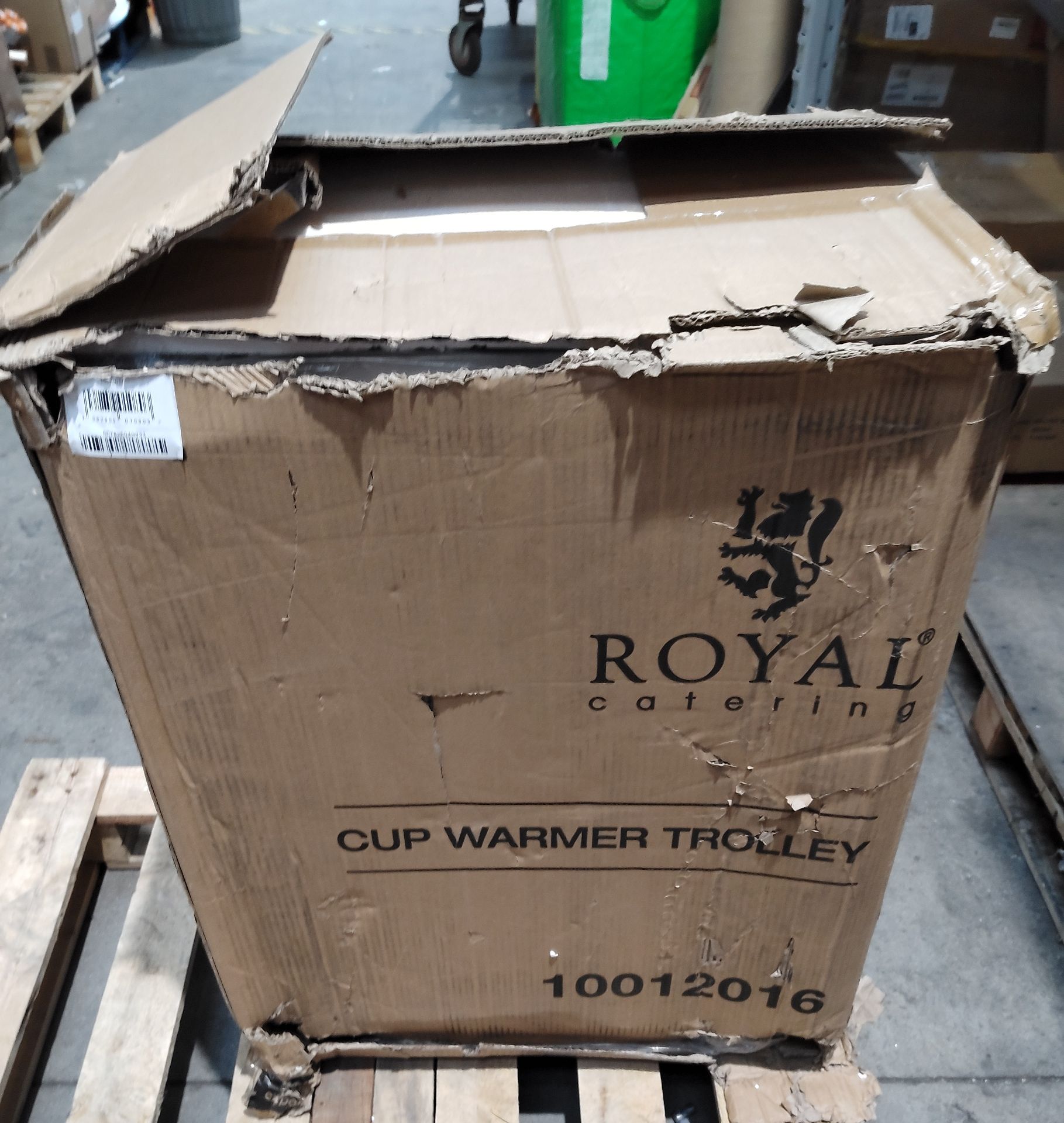 A Royal Catering cup warming trolley, slight damage/dents to outer casing and box.