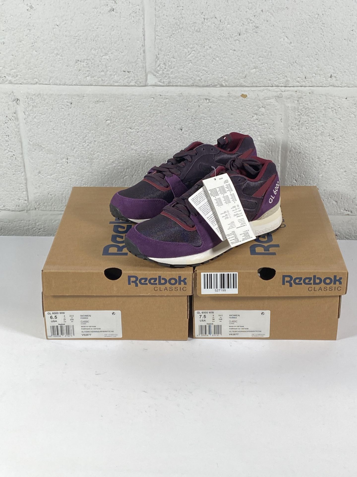 Two pairs of women's Reebok GL6000 trainers (UK 4 and UK 5).