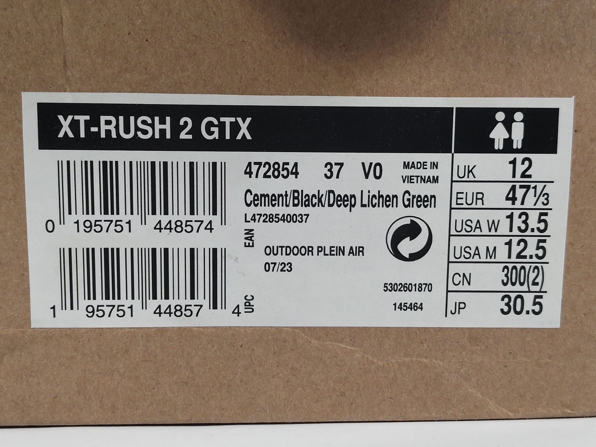 A pre-owned pair of Salomon XT-RUSH 2 GTX in Cement/Black/ Deep Lichen Green (Size UK 12). - Image 2 of 2