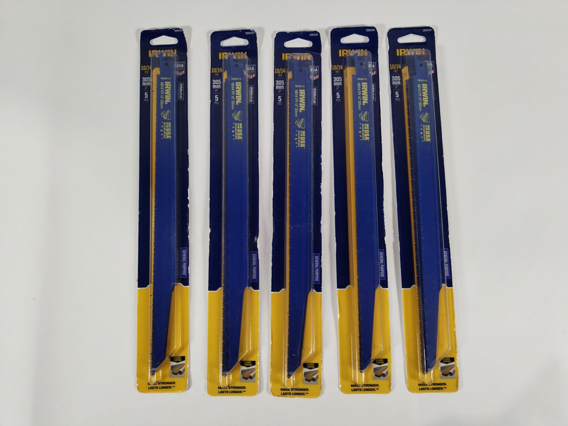Five packs of as new Irwin Bi-Metal Reciprocating Saw Blades, 10/14tpi, 305mm, (10504159). *5 Blades