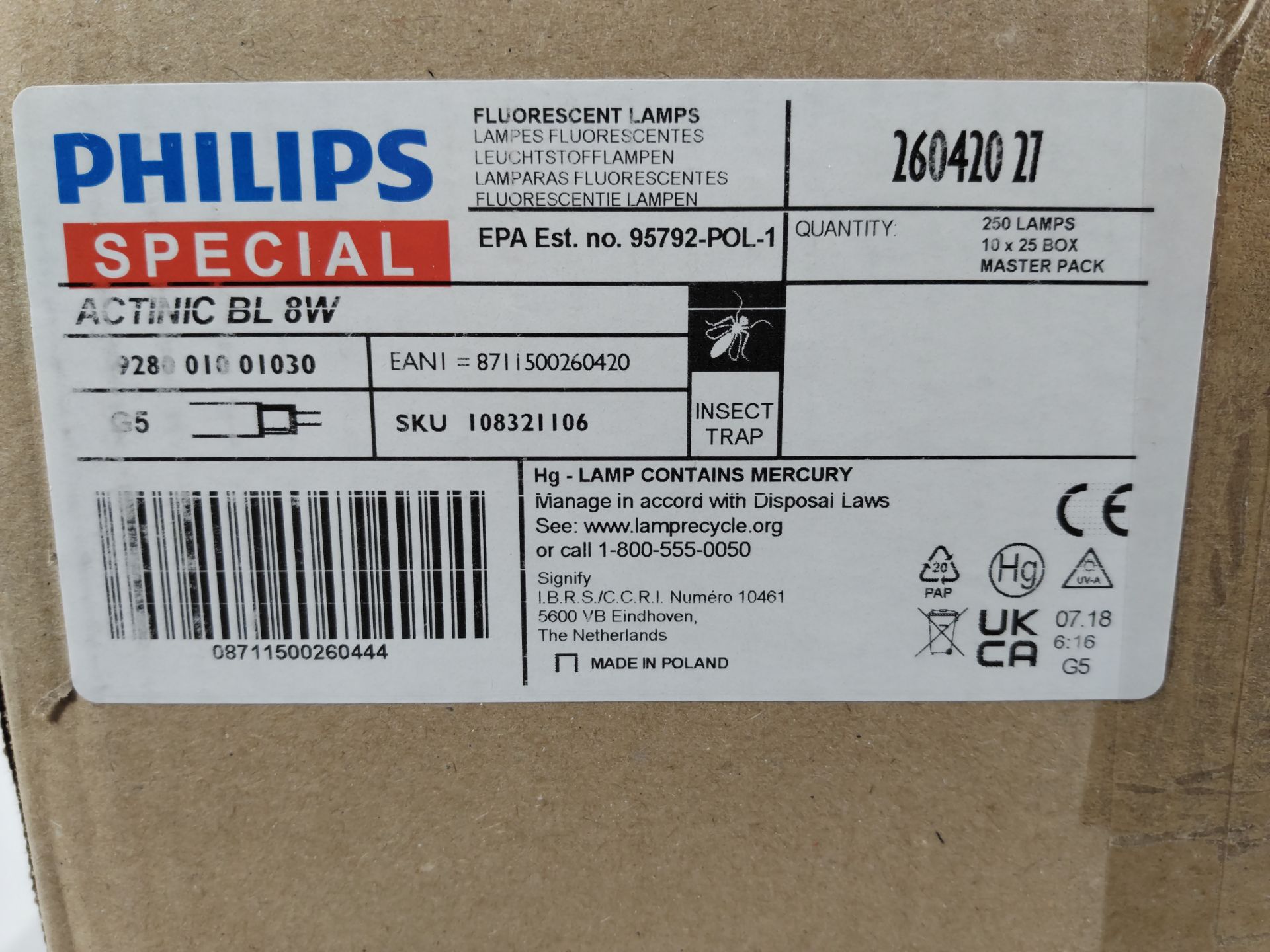 Ten boxes of as new Philips Special Actinic BL 8W Fluorescent Lamp/Insect Trap (8711500260437) (25 l