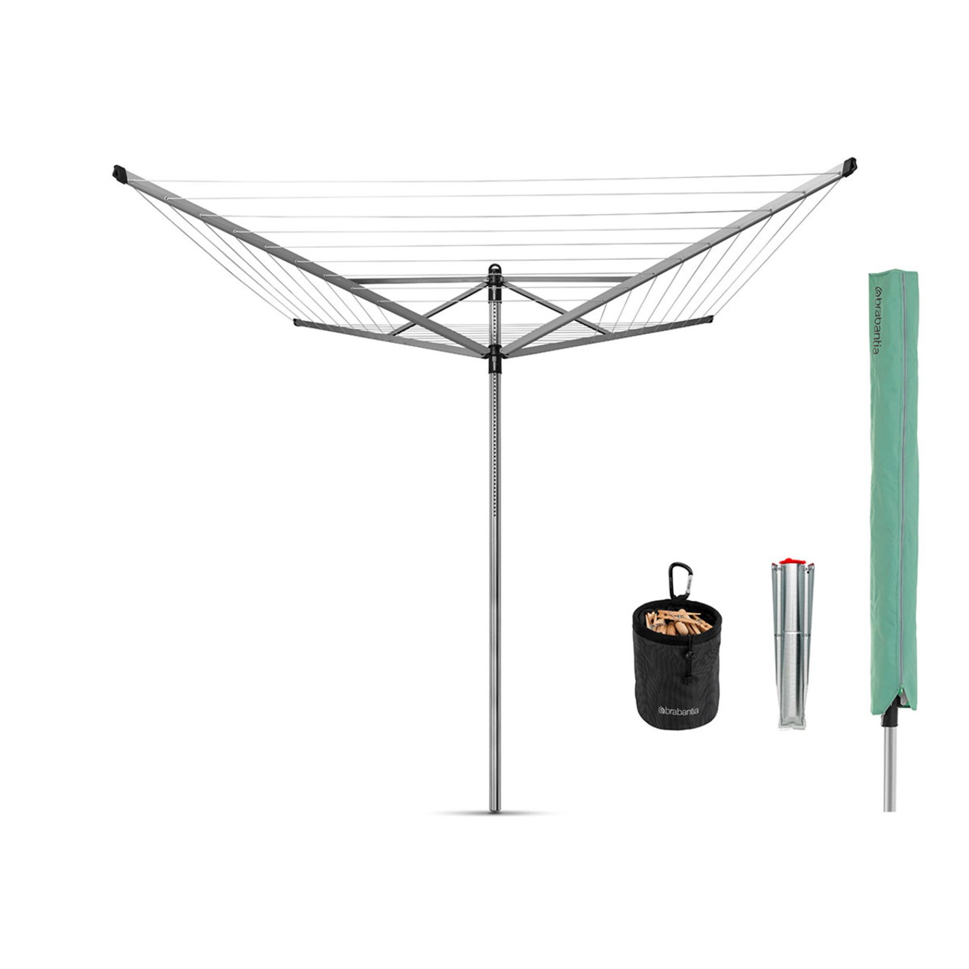 An as new Brabantia 50m Lift-O-Matic Rotary Airer with accessories (stock image).
