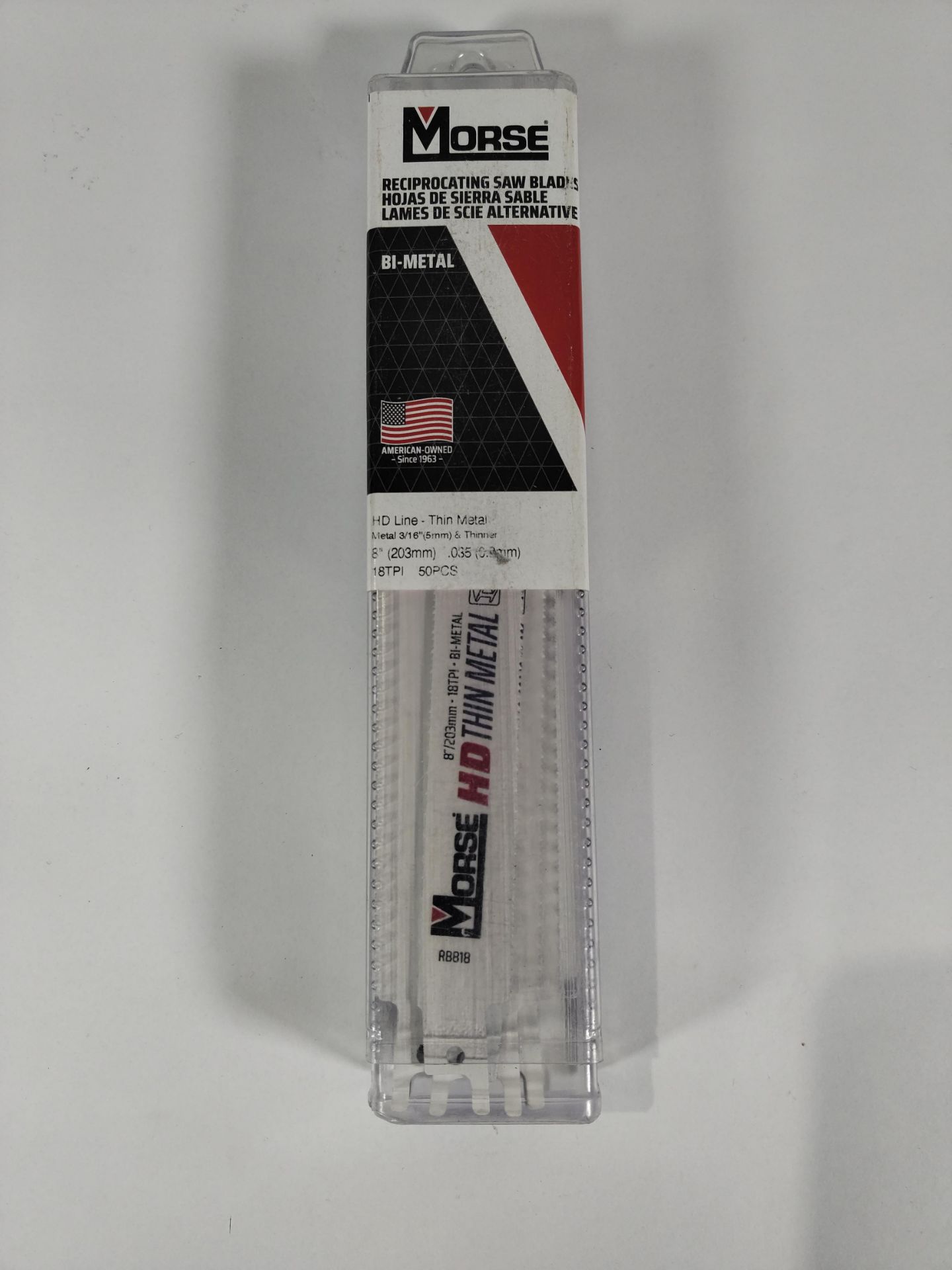A 50-pack of Morse HD line medium bi-metal 8"/203mm reciprocating saw blades,18 TPI.