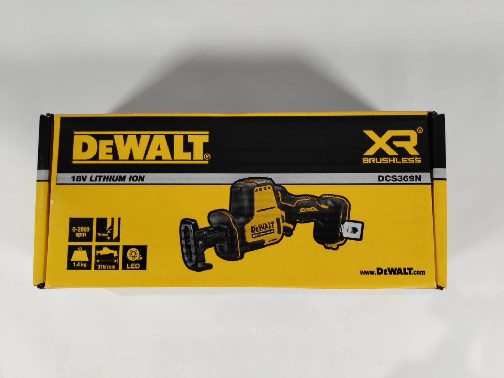 An as new Dewalt Cordless Reciprocating Saw, 18V, 0-2800/min, 16mm, Type 1 (DCS369NT).