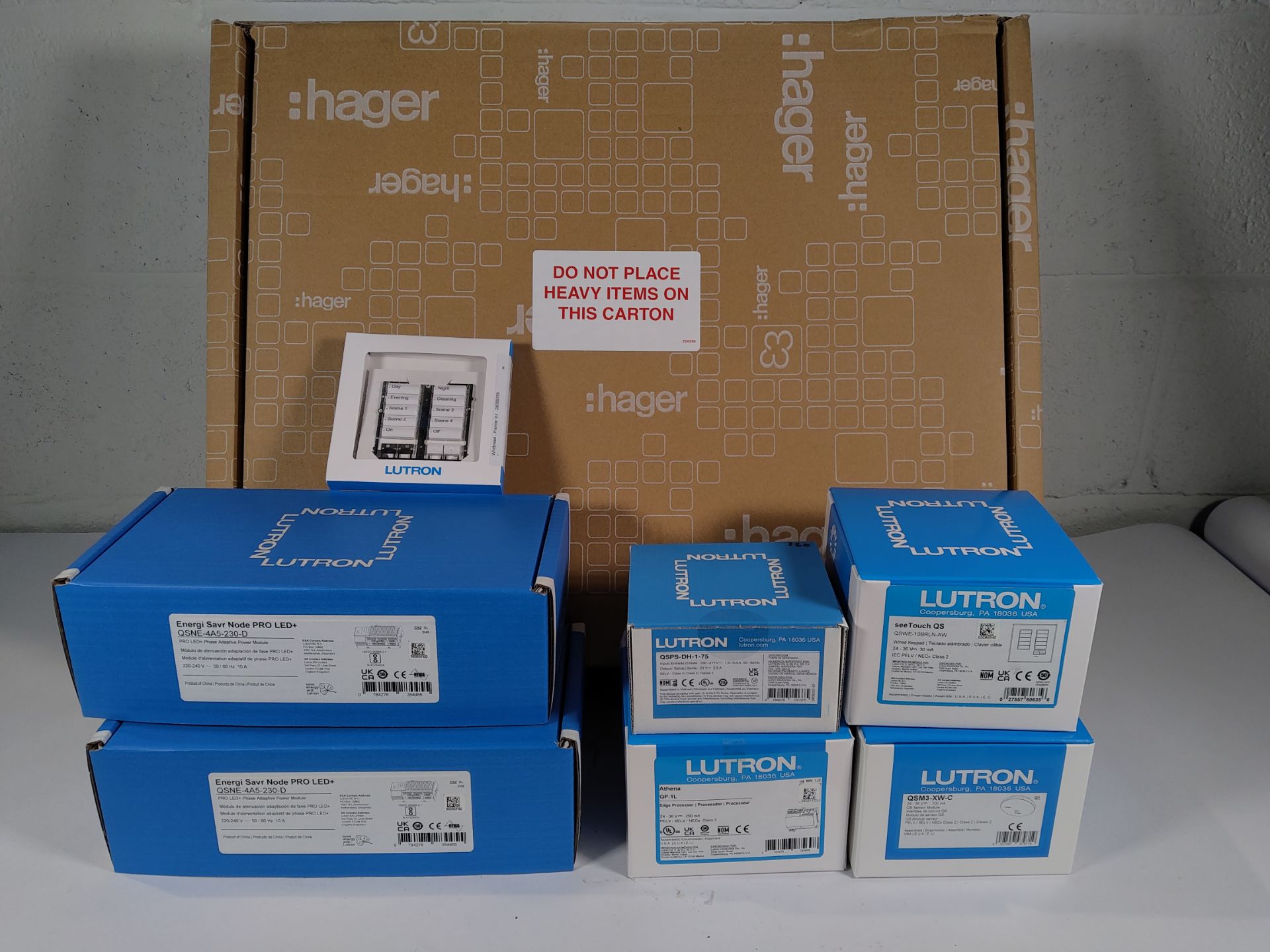 Mixed lot of as new Lutron products including Athena QP-1L, see Touch QS plus Hager fuse box (8 item