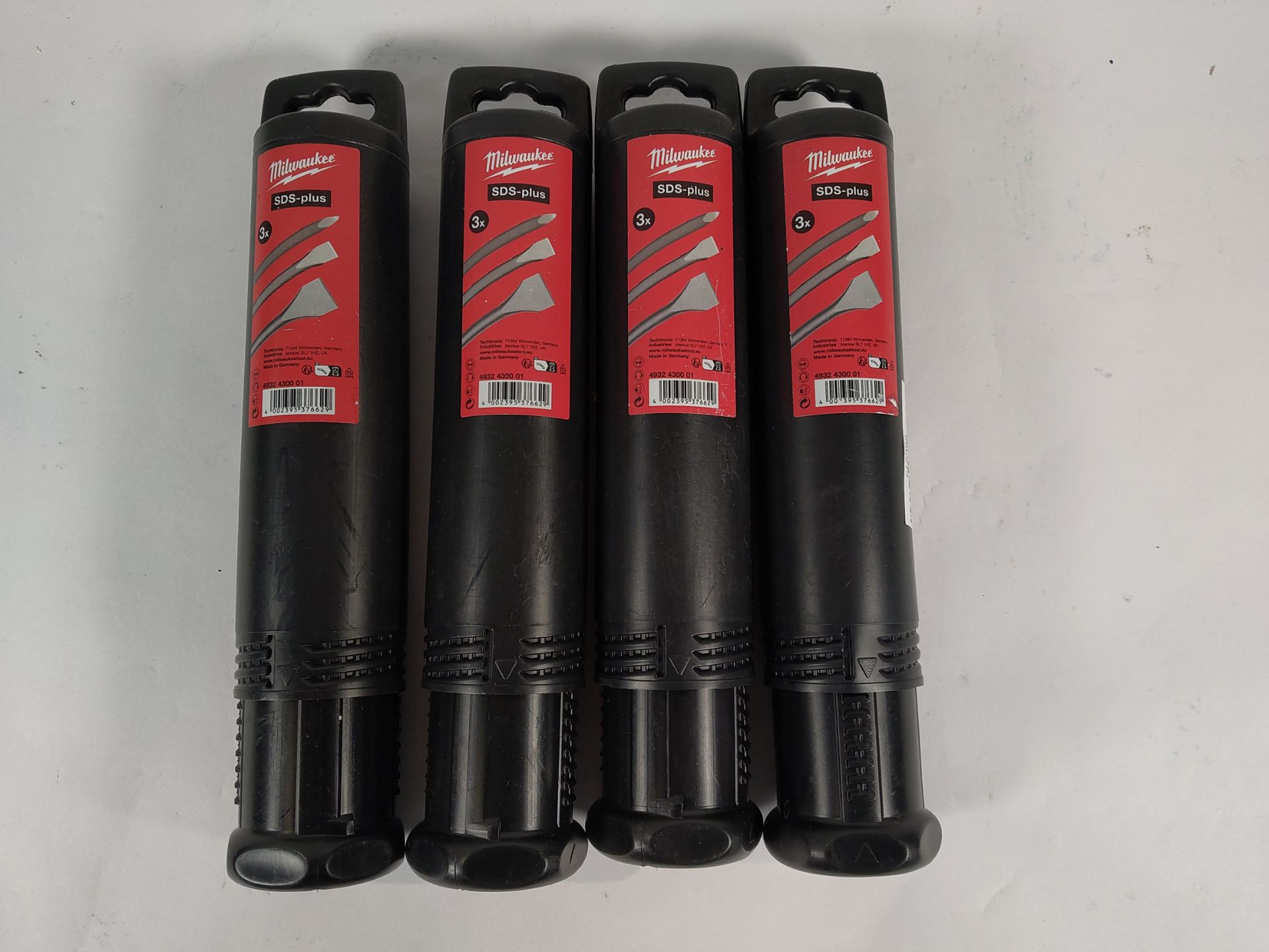 Four as new sets of Milwaukee SDS-Plus shank chisel sets (3 per pack).