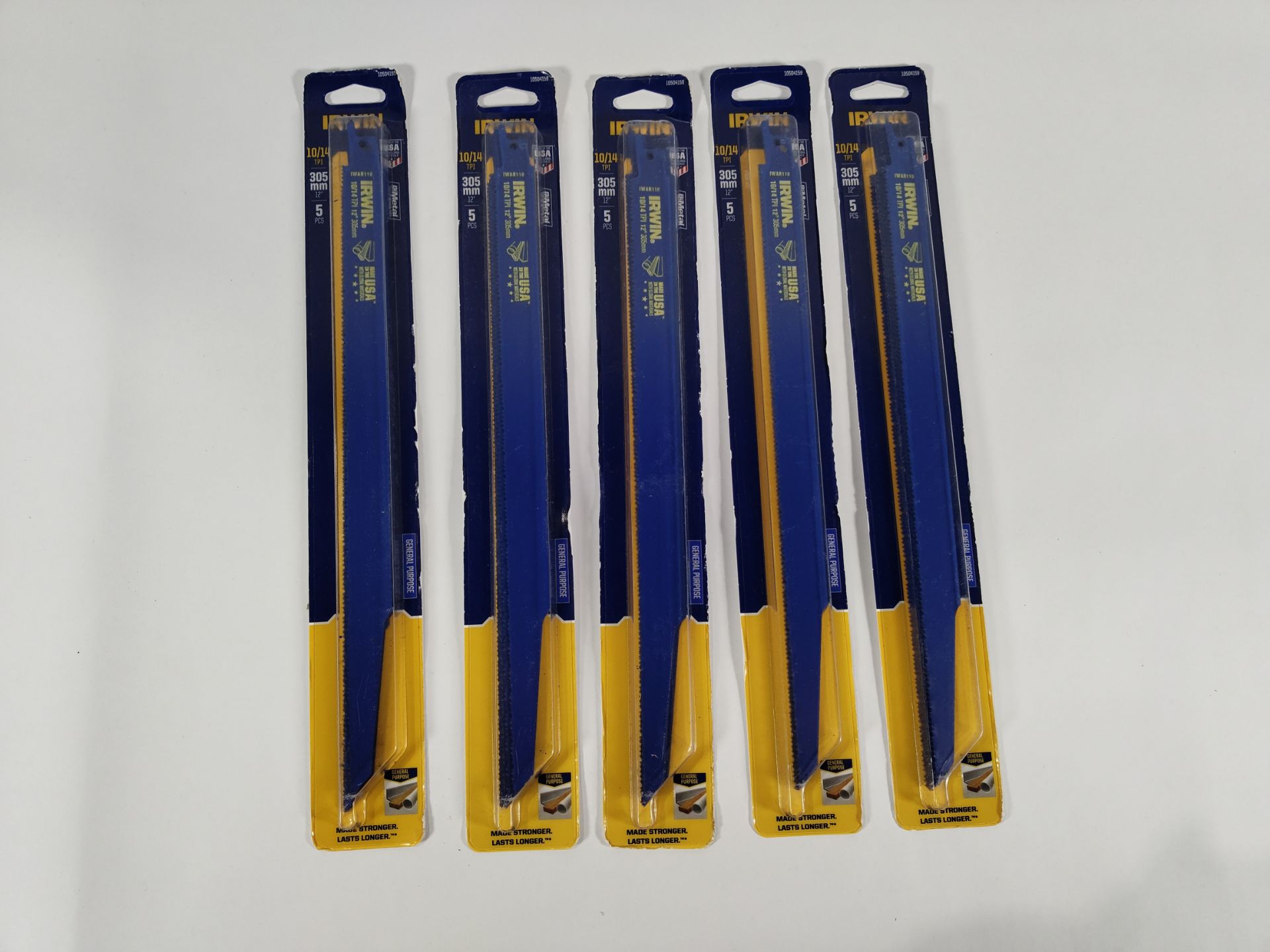 Five packs of as new Irwin Bi-Metal Reciprocating Saw Blades, 10/14tpi, 305mm, (10504159). *5 Blades