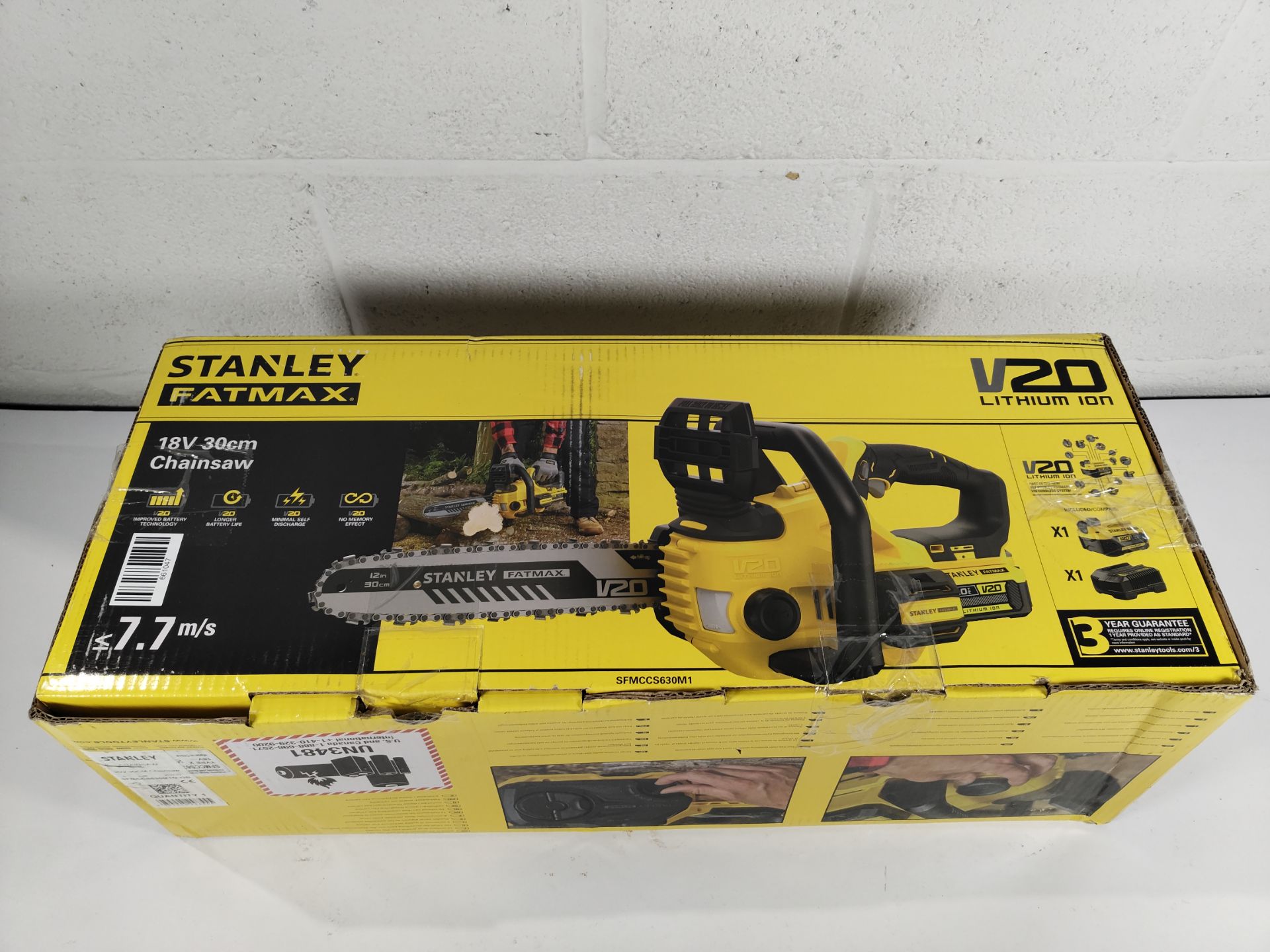 A Stanley Fatmax 18V V20 30cm chainsaw, box opened (SFMCCS630M1).