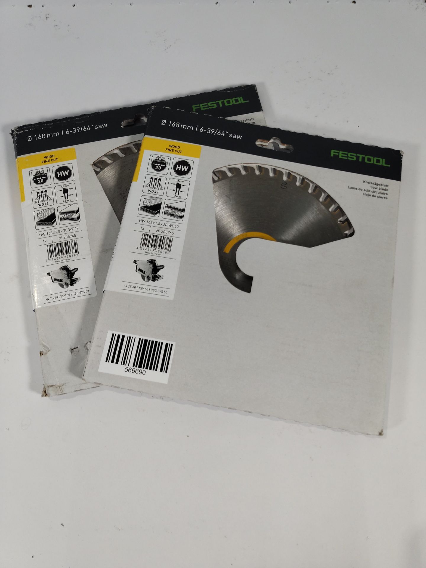 Two as new Festool TS60 168mm wood fine cut circular saw blades.
