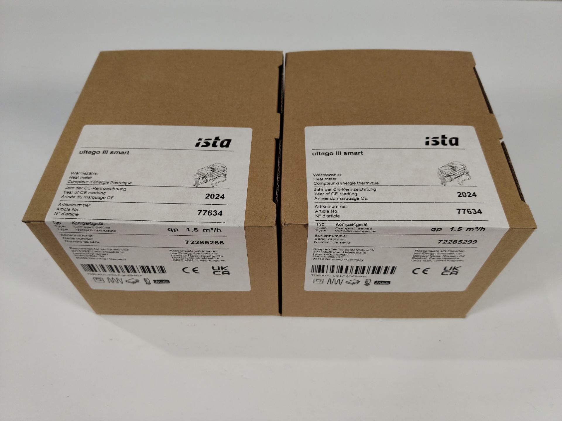 Two Ista Ultego III Smart Heat Meters, 1/2" BSP QP1.5. M-Bus, sealed boxes (77634).