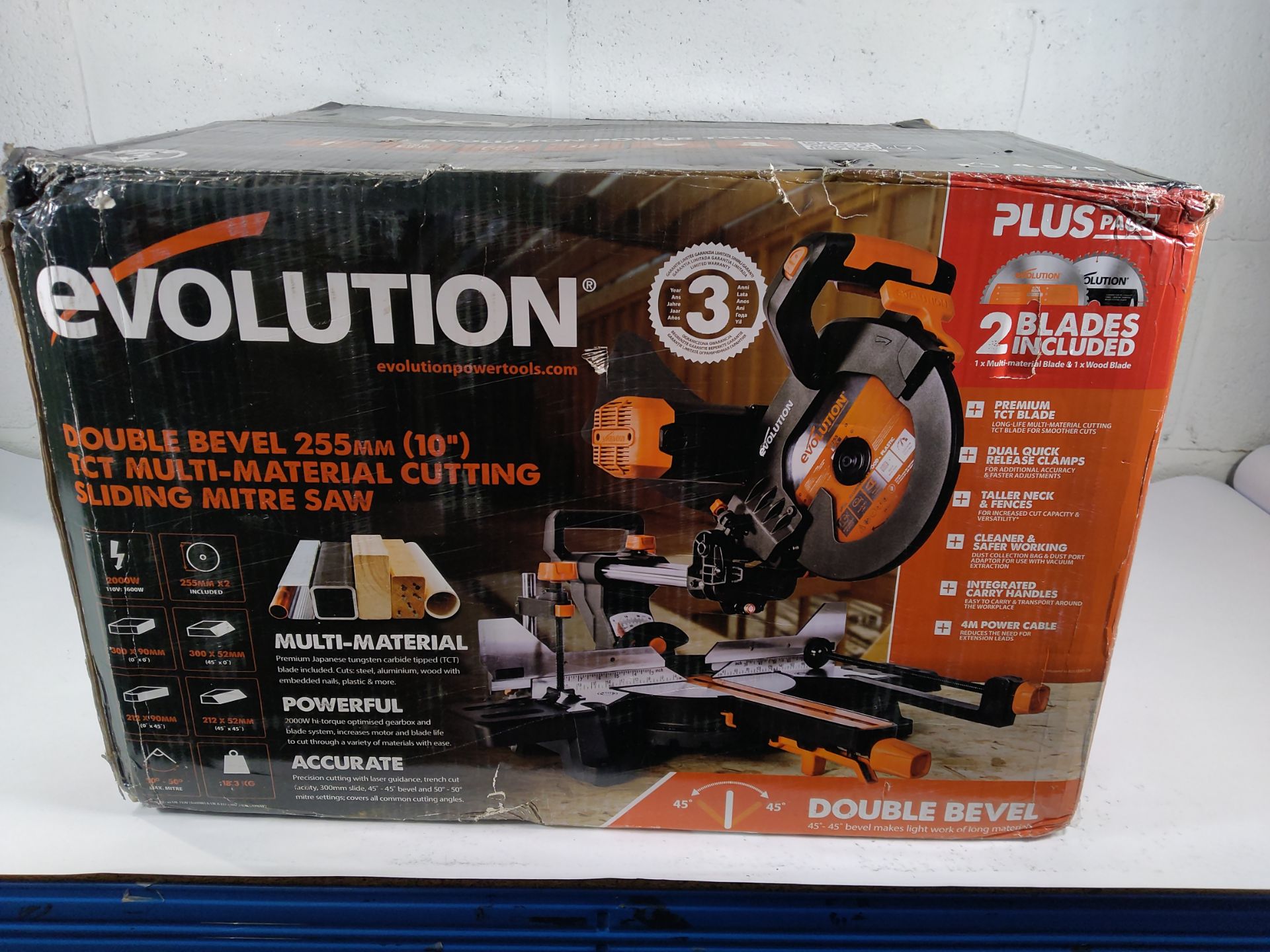 An as new Evolution Double Bevel TCT Multi-Material Cutting Sliding Mitre Saw, 255mm, 200W (R255 SMS