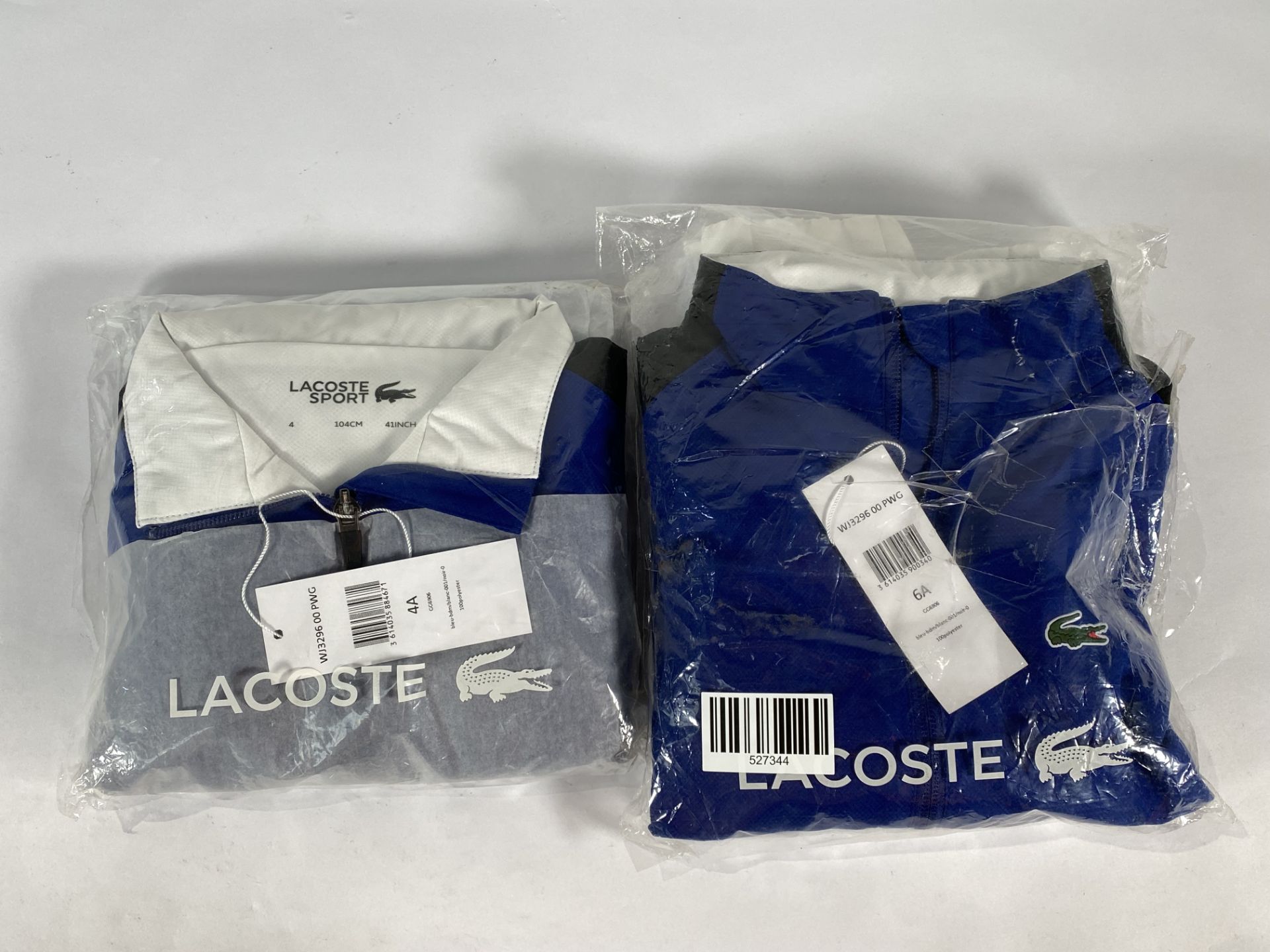 Three Lacoste zip up sweatshirts (2x 6 and 1x 4).
