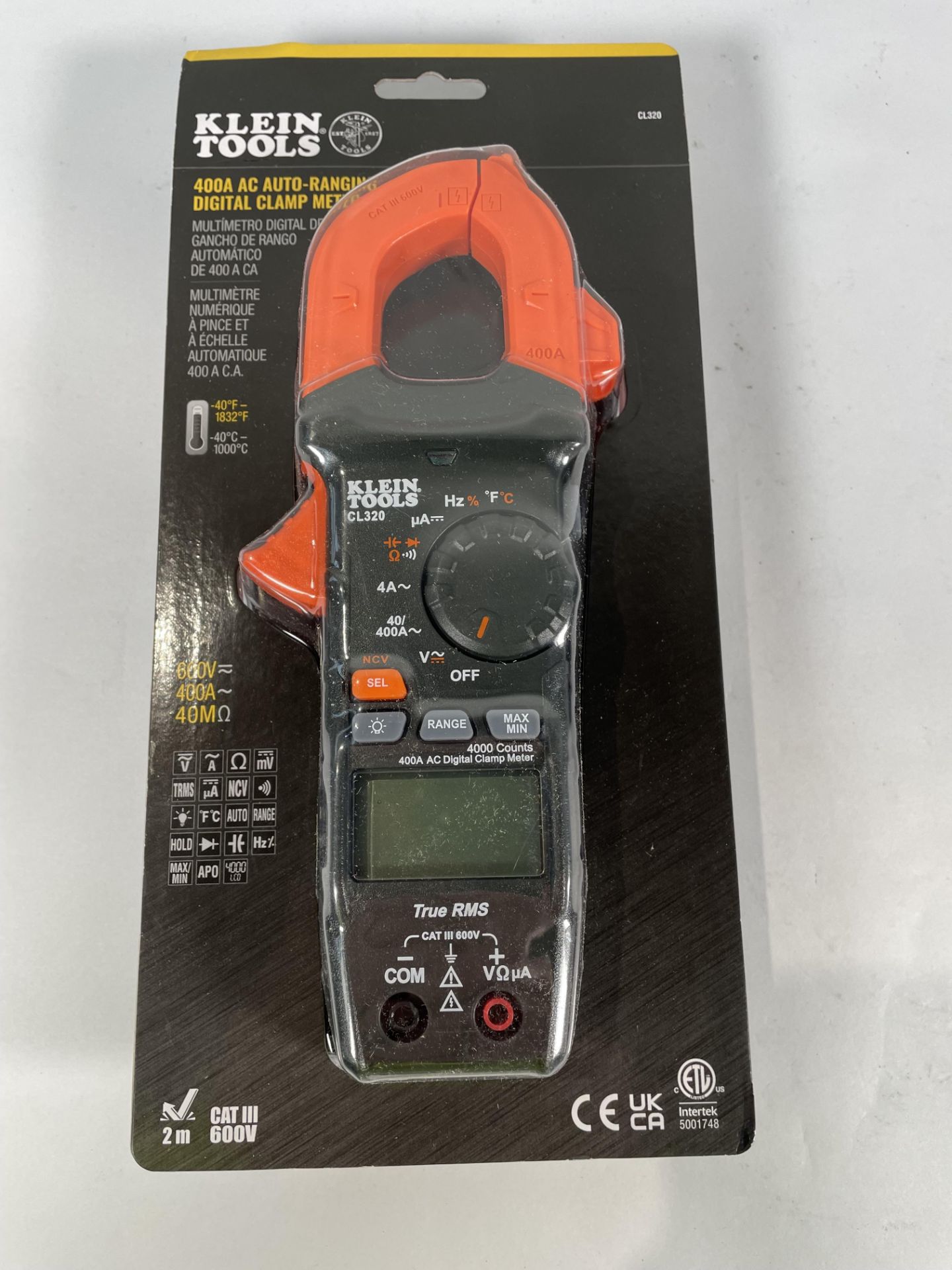 An as new Klein Tools CL320 400A AC Auto-Ranging Digital Clamp Meter.