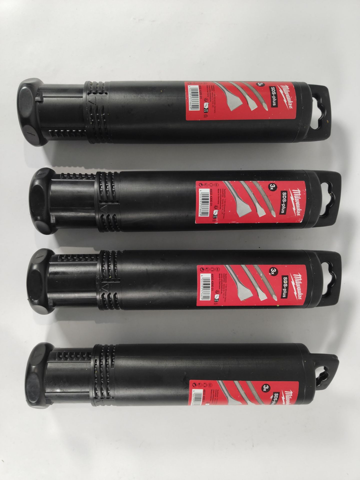 Four packs of Milwaukee SDS Plus 3-piece shank chisel sets (4932430001).