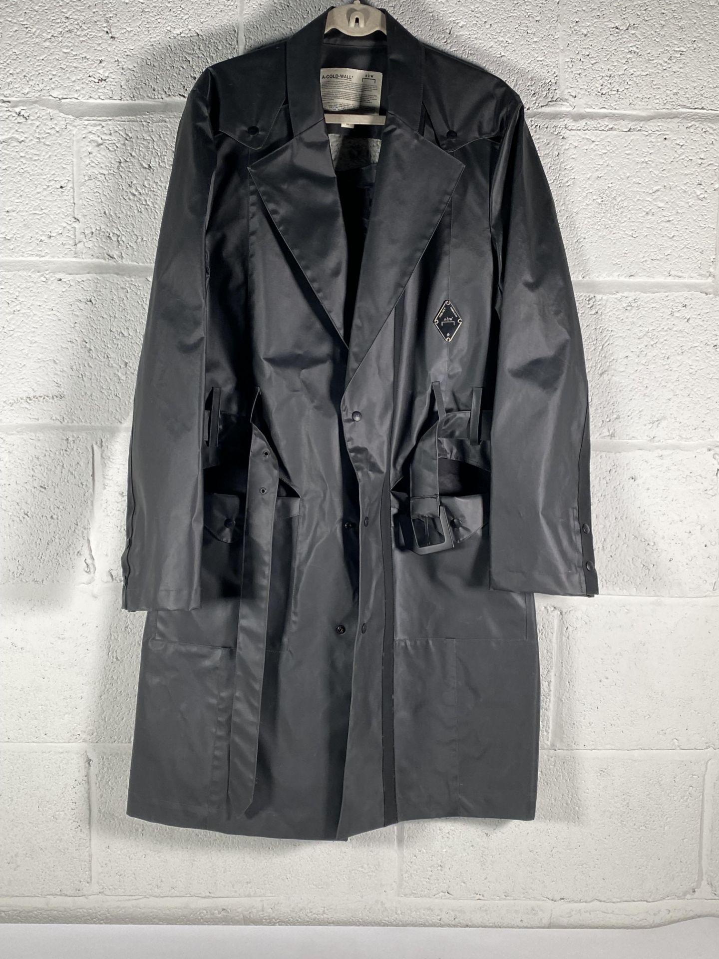A pre-owned A-cold Wall logo trench coat (Size L).