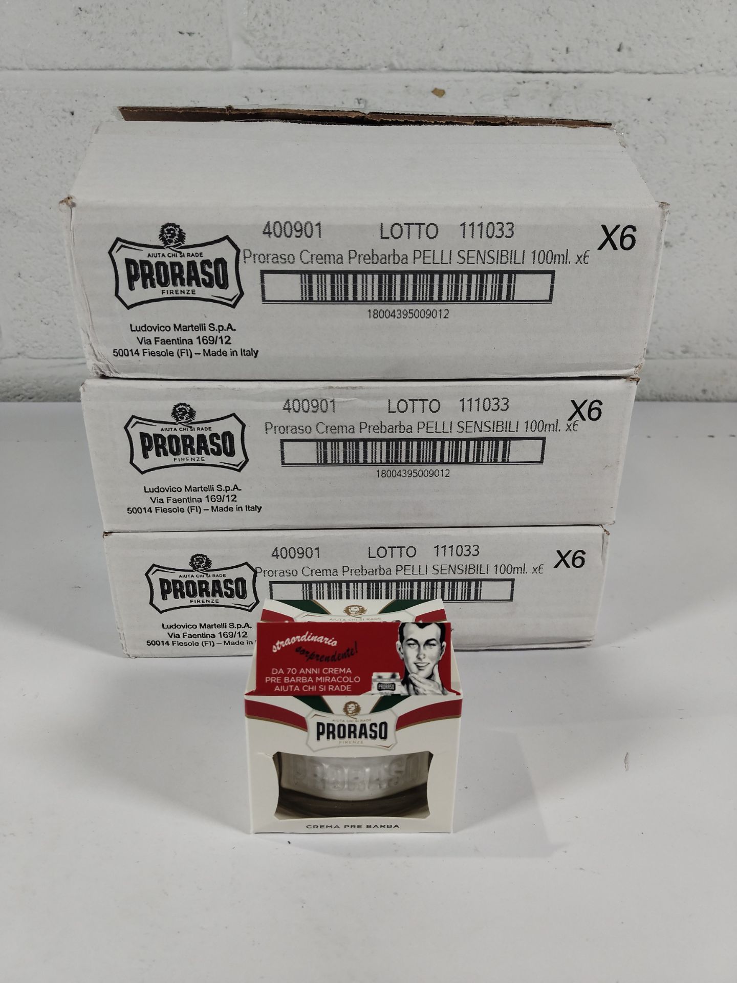 Three as new boxes of Proraso Crema Pre Barba pre-shave cream, 100ml per tub (6 tubs per box, EXP: 1